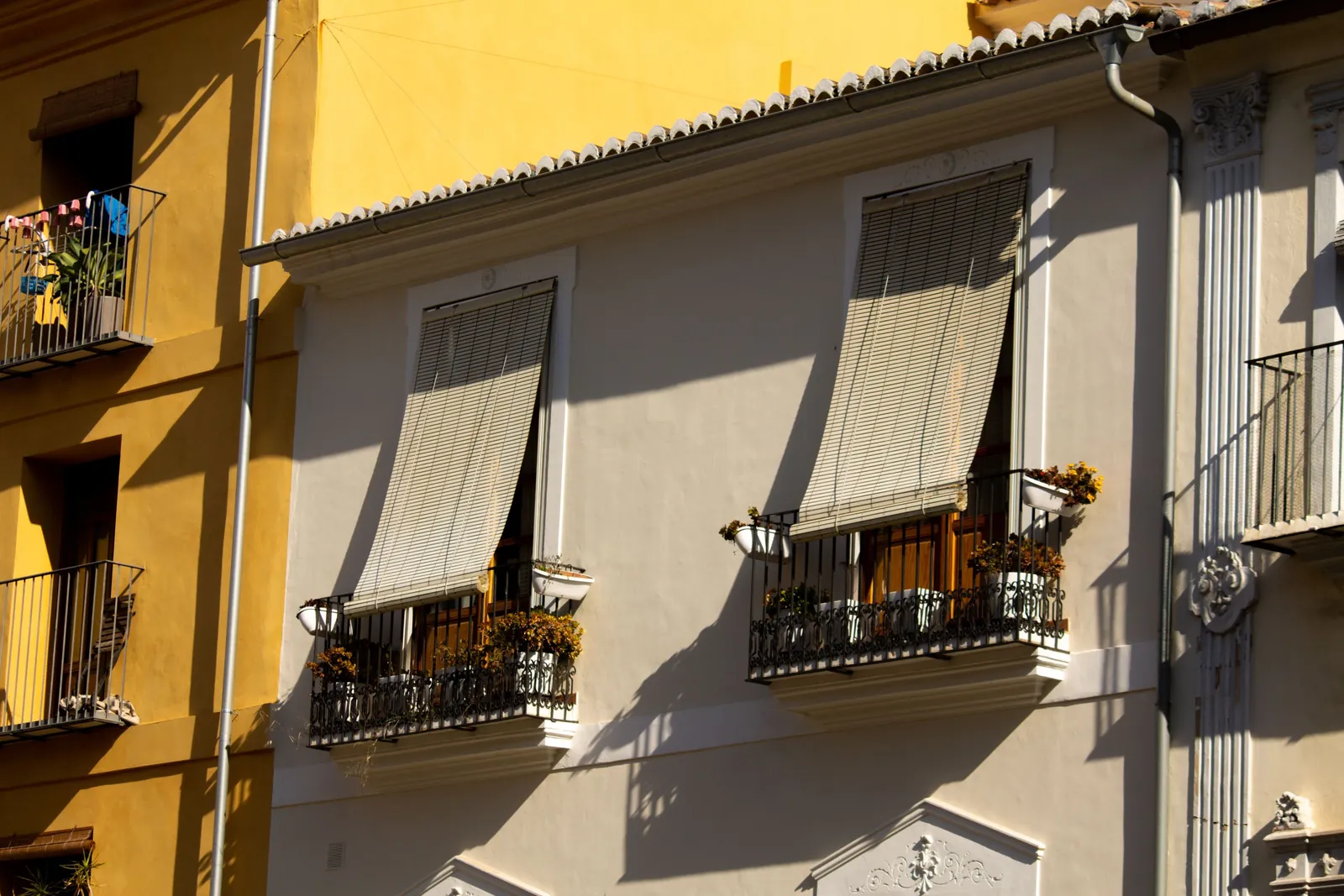 Fachada mediterránea soleada con balcones de forja, macetas y persianas de lamas