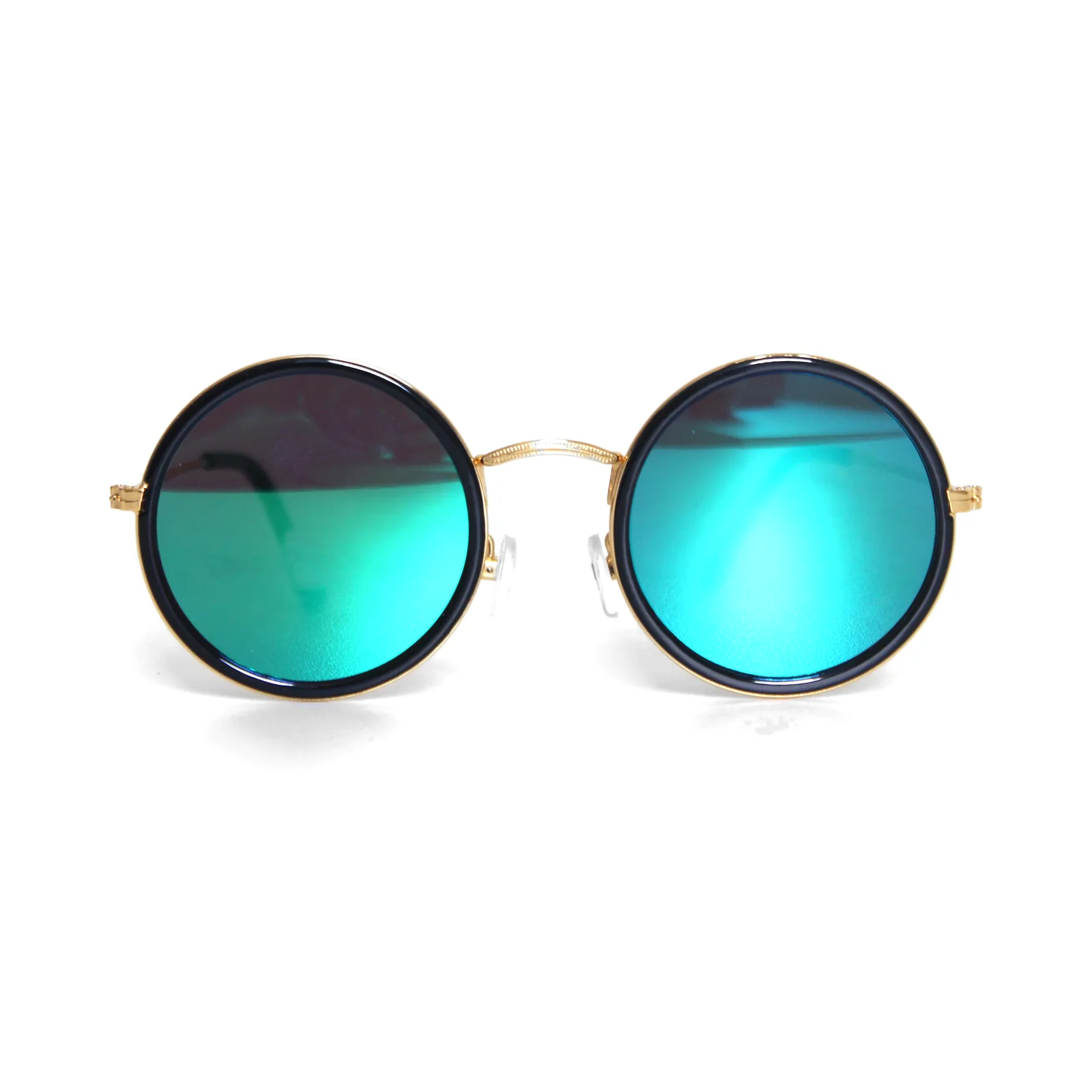 Gafas de sol Raysol Isla Grosa redondas doradas con aro interior negro y lentes espejadas verdes, vista frontal