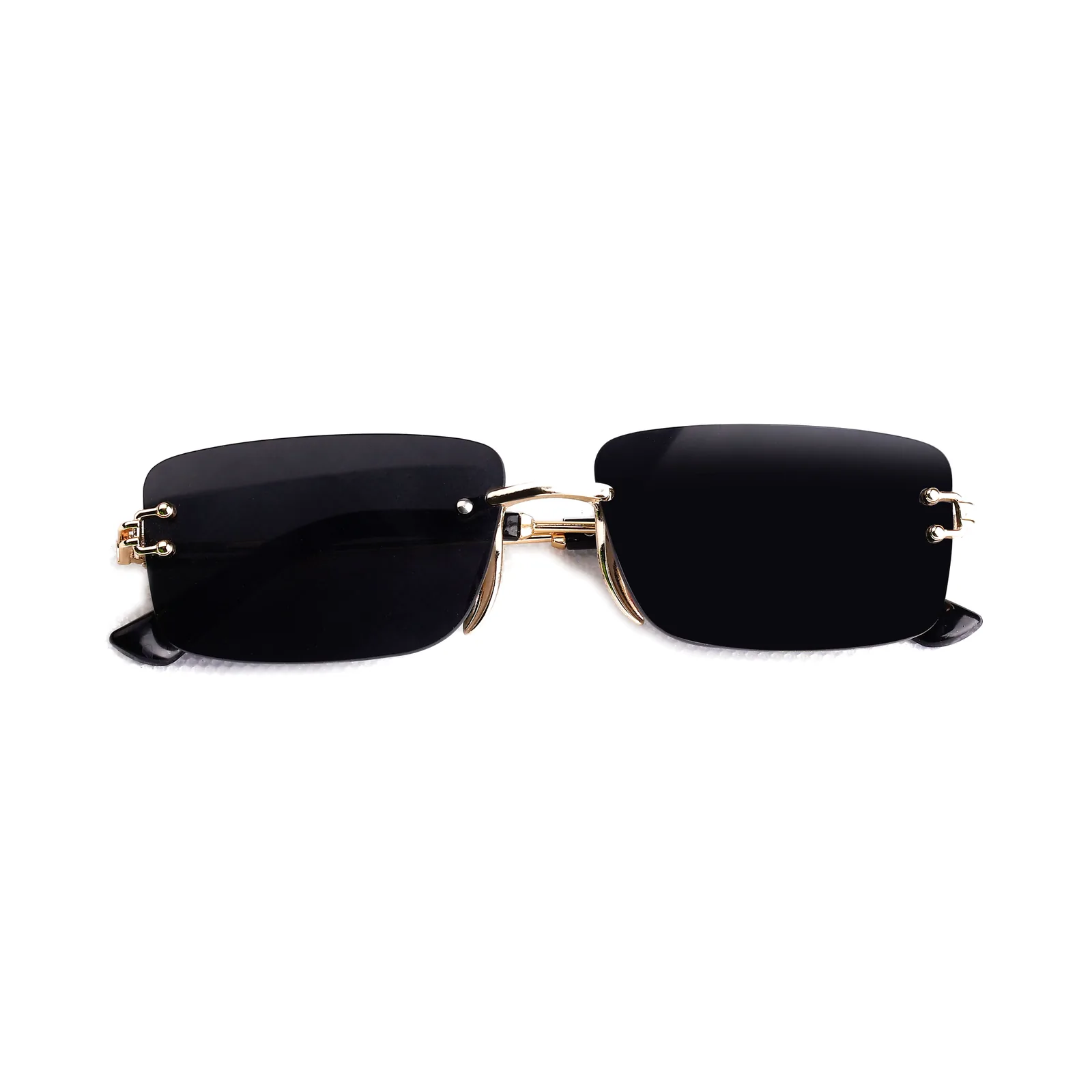 Gafas de sol Raysol La Manga sin montura con lentes rectangulares gris oscuro y metal dorado, plegadas